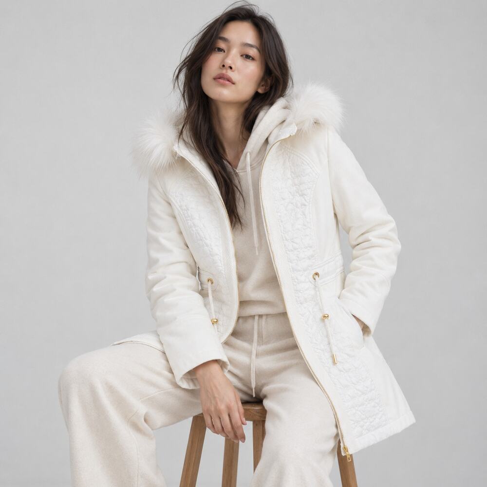 Via Spiga White Hooded Faux Fur Full Zip Quilted Coat Jacket, size XS